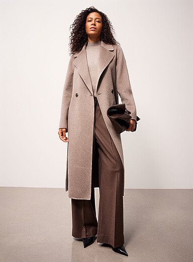 REISS: Le manteau ceintur&eacute; laine feutr&eacute;e Thea Taupe pour femme