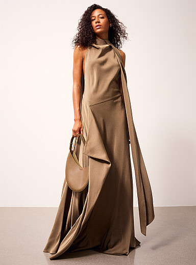 REISS Khaki/Sage/Olive Sabine cape-collar satiny dress for women