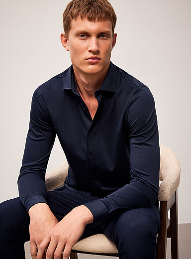 REISS Navy/Midnight Blue Duke silky jersey shirt <b>Slim fit</b> for men