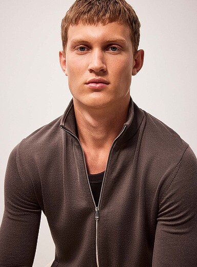 REISS Brown Hampshire merino wool zipped cardigan for men