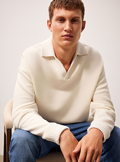 REISS Off White Beaton accent knit Johnny collar polo for men