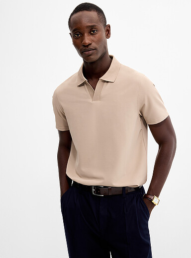 REISS Taupe Textured Johnny-collar polo for men
