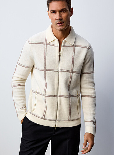 REISS Off White Windowpane check polo-collar cardigan for men
