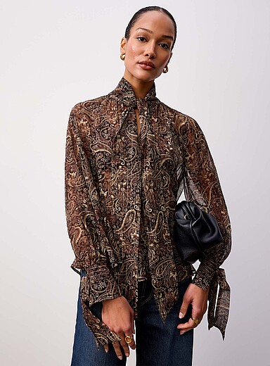 REISS Patterned Black Charlotte golden paisley tie-neck blouse for women