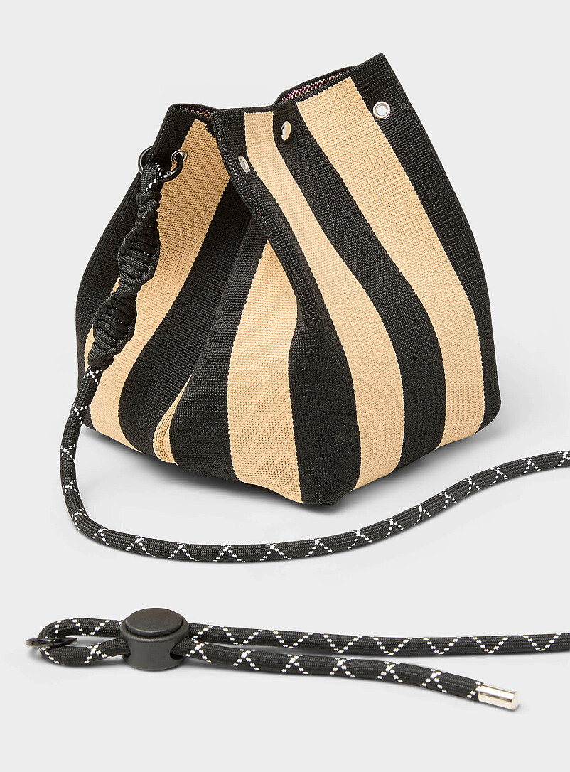 Simons Patterned Brown Knotted shoulder and handle knit bucket bag for women