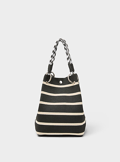 Knotted shoulder and handle knit bucket bag