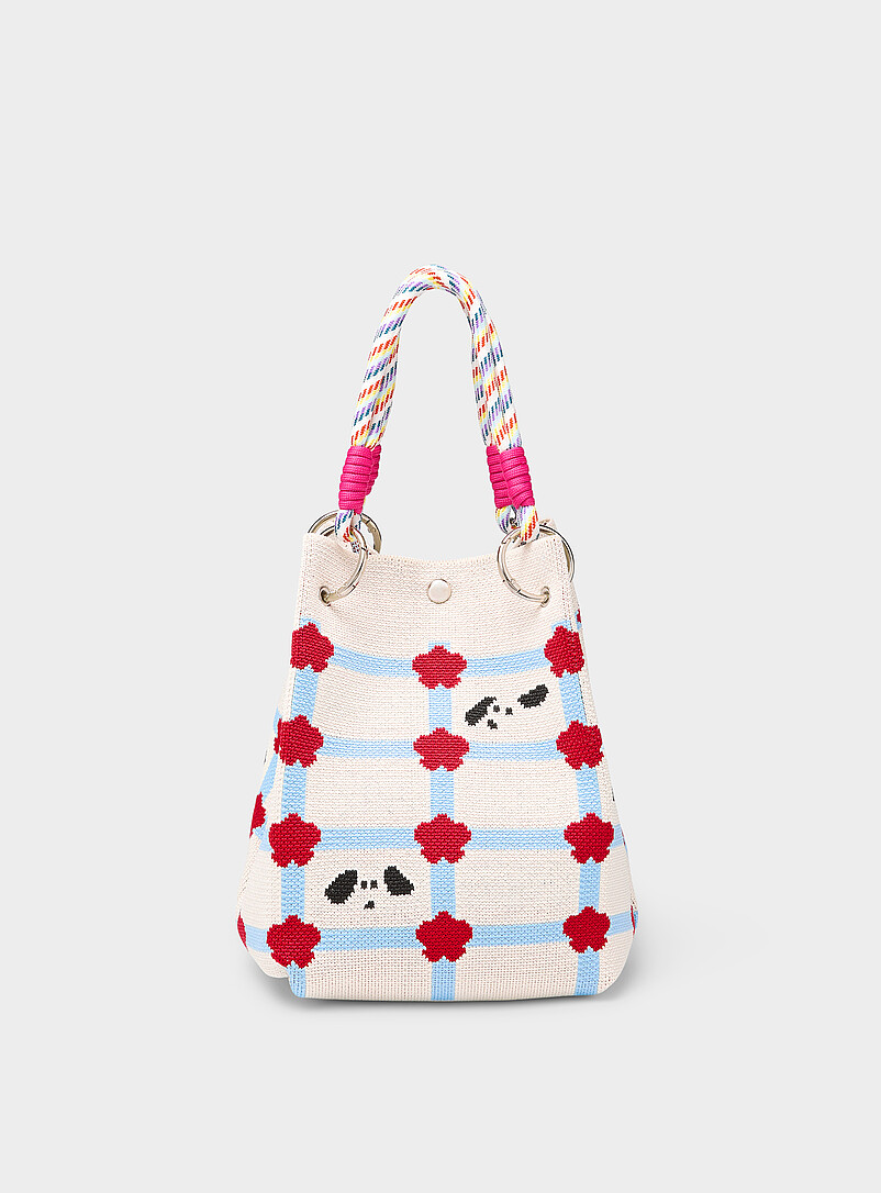 Simons Patterned Brown Knotted shoulder and handle knit bucket bag for women