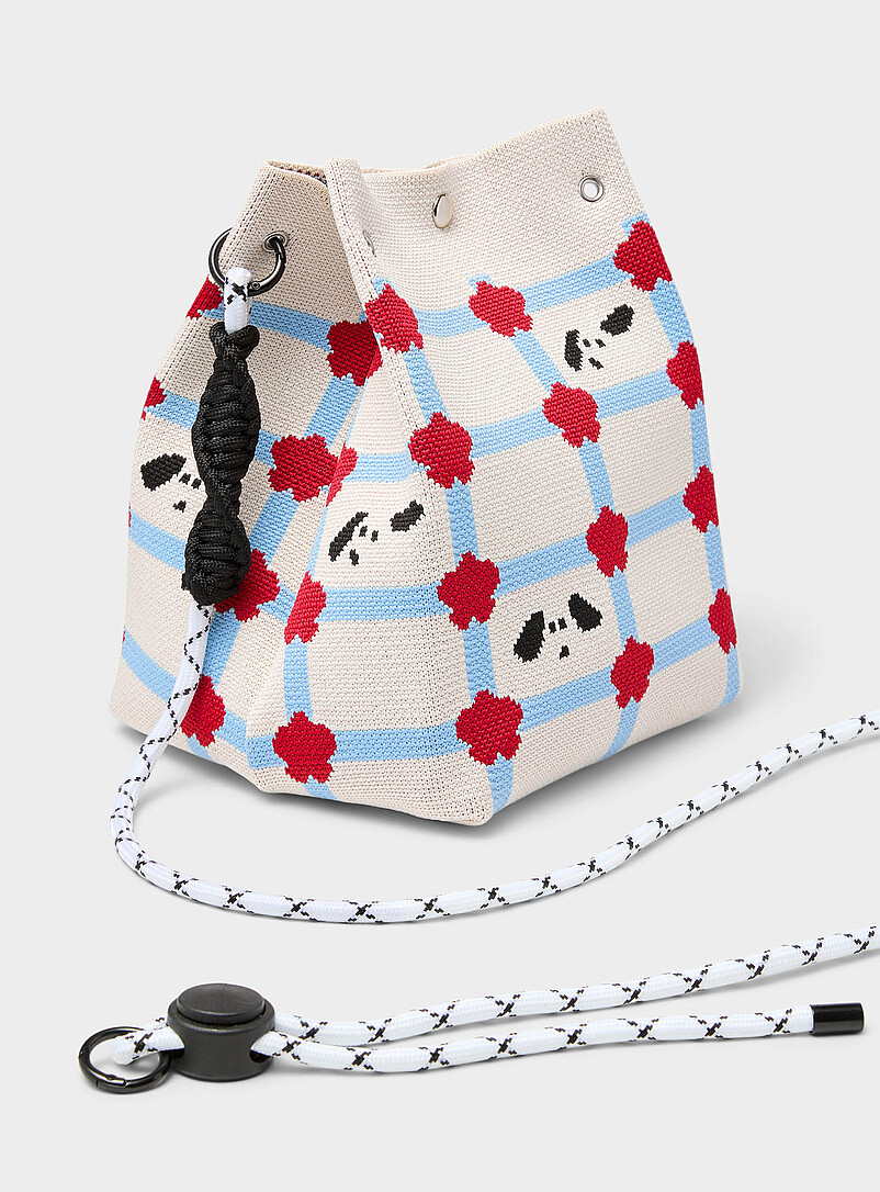 Simons Patterned Brown Knotted shoulder and handle knit bucket bag for women