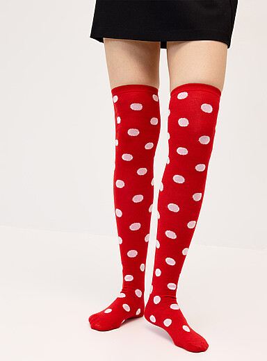 Simons Black Polka dot fine-knit thigh-highs for women