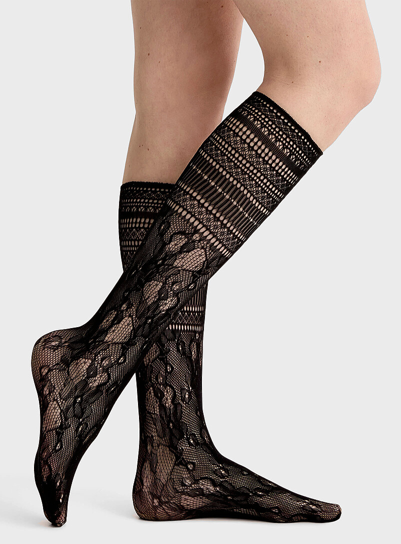Black crochet-like knee-highs product image (primary)
