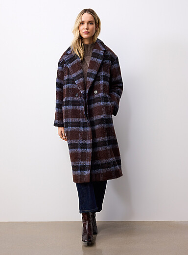 Simons Patterned Brown Faded checkers fuzzy wool-blend overcoat for women