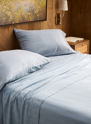 Le drap finette coton bio bleu p&acirc;le fines rayures