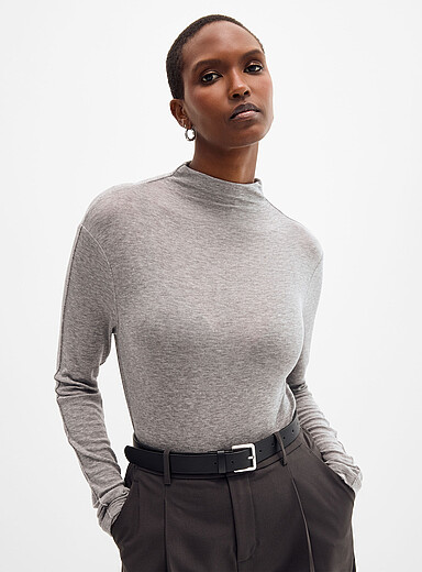 Meilleur Moment Grey Heathered mock-neck T-shirt for women