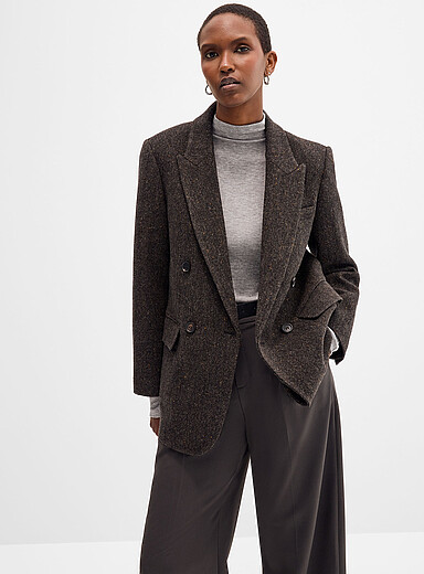 Meilleur Moment Charcoal Brown Double-breasted wool tweed blazer for women