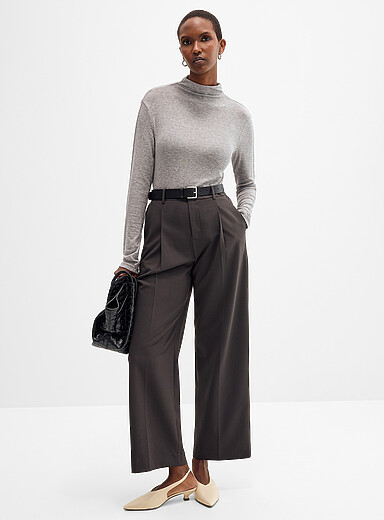 Meilleur Moment: Le pantalon &agrave; plis ceintur&eacute;  <b>Coupe : jambe large, taille haute</b> Chocolat - Espresso pour femme