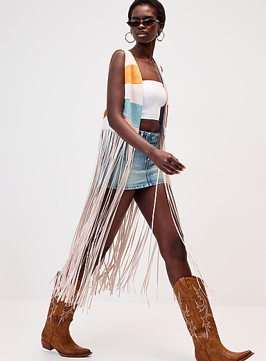 Suede colour-block fringed vest