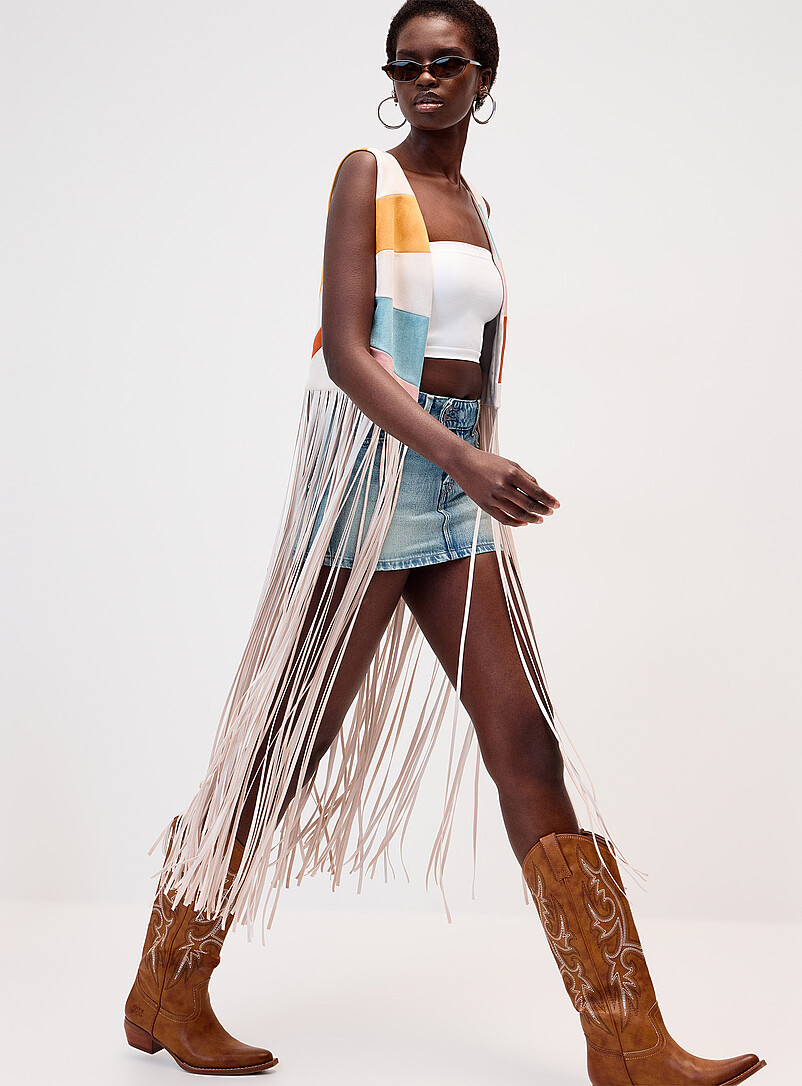 Suede Colour-Block Fringed Vest