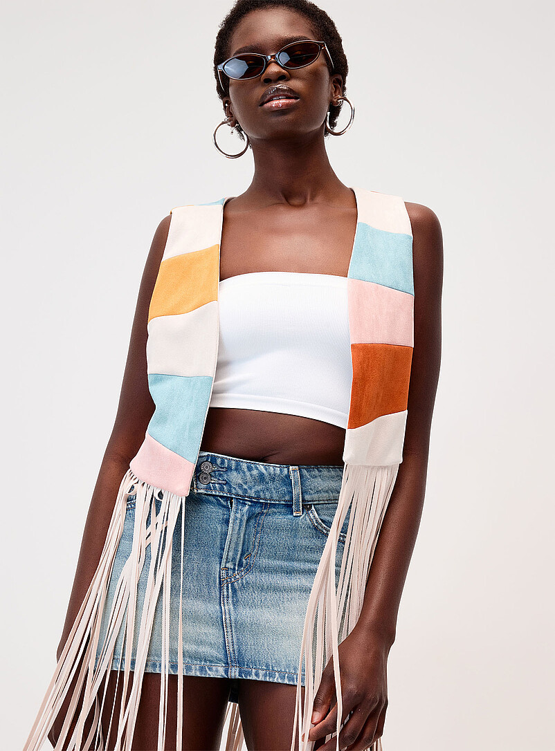 Suede colour-block fringed vest product image 2