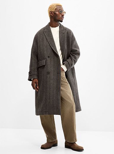 Le 31 Charcoal Double-breasted herringbone weft overcoat <b>Seoul collection</b> for men