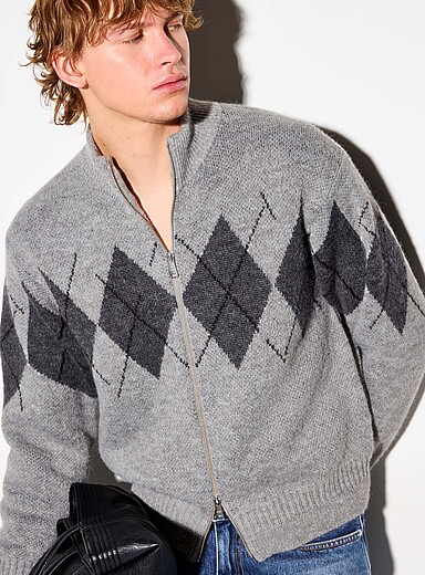 Coor Grey English argyle zipped cardigan <b>Imported from Seoul</b> for men