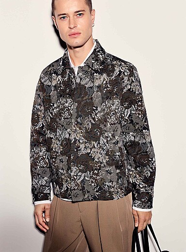 Les Deux Patterned Brown Floral tapestry jacquard overshirt for men