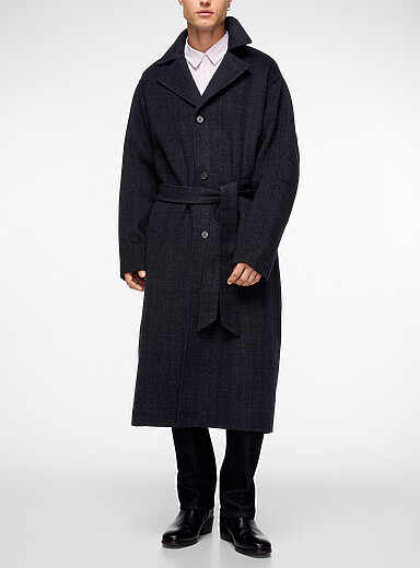Maison Kitsun&eacute;: Le manteau double face ceintur&eacute; &agrave; carreaux Bleu marine - Bleu nuit pour homme