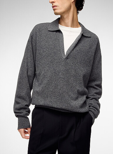 Ssstein Grey Deep Johnny collar pure merino wool sweater for men