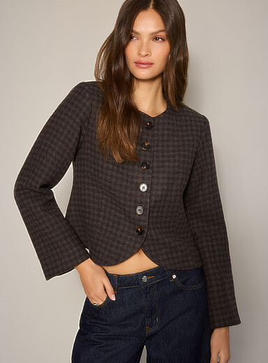 Boii Studios Patterned Brown Two-tone checkered wool blazer for women