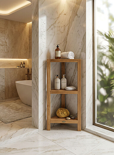 Fiji triple-shelf teak wood corner shelving Indoor and outdoor