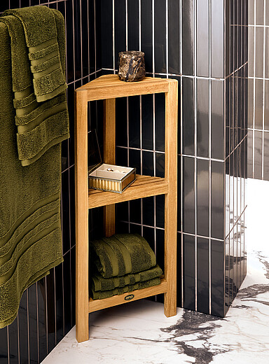 Fiji triple-shelf teak wood corner shelving Indoor and outdoor
