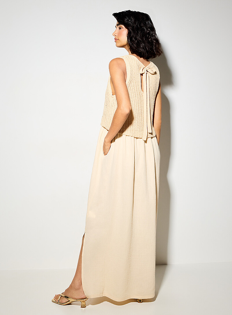 Ic&ocirc;ne: La longue robe camisole crochet&eacute;e gaze pur coton Ivoire - Beige cr&egrave;me pour femme