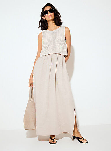 Ic&ocirc;ne Beige Crocheted cami pure cotton gauze maxi dress for women
