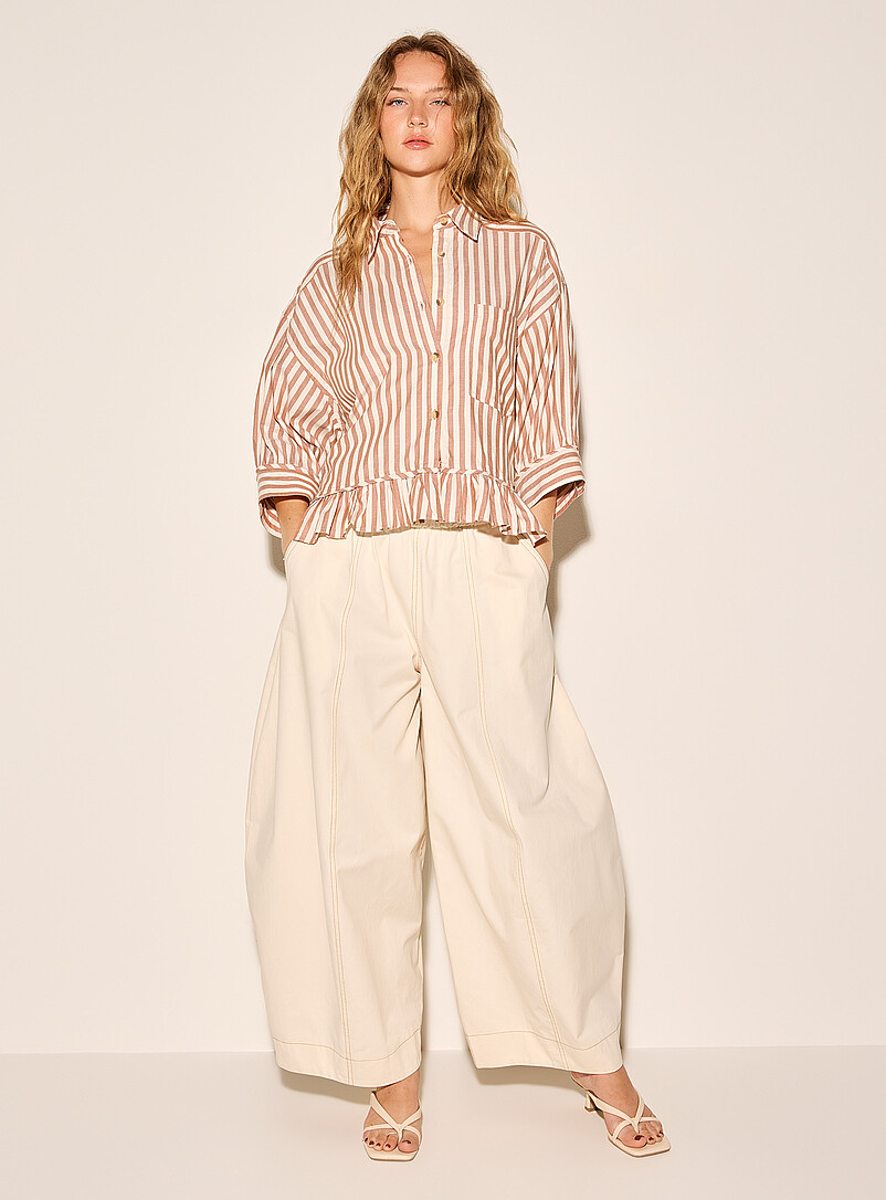 Puff-sleeve ruffle trim striped shirt product image (primary)