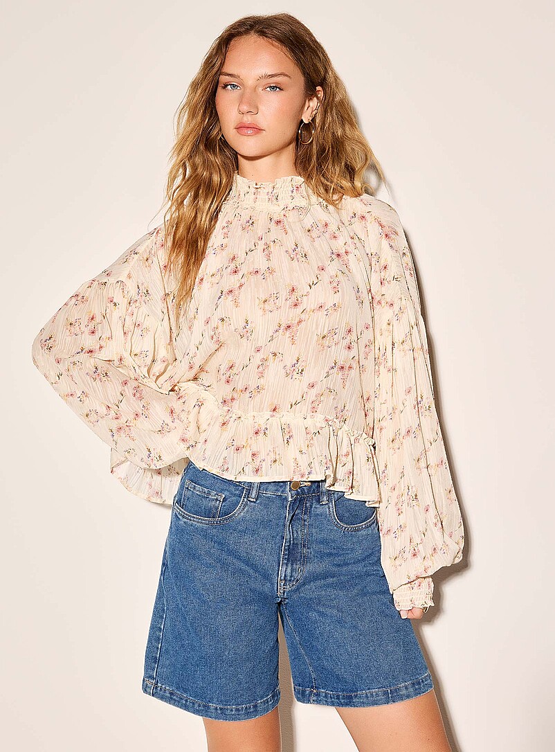 Small flowers textured chiffon smocked blouse product image (primary)