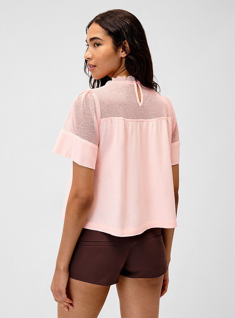 Twik: Le t-shirt babydoll dentelle et filet Blanc pour femme