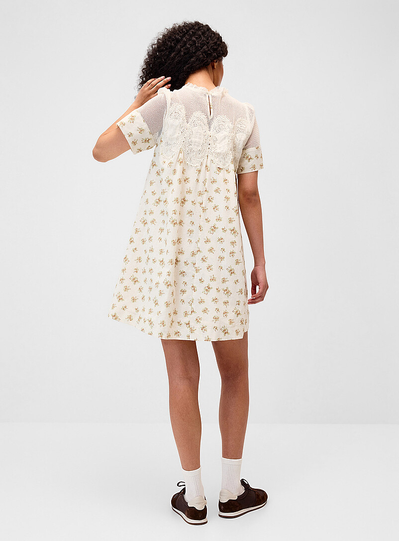 Twik Patterned Blue Mesh and flowers babydoll dress for women
