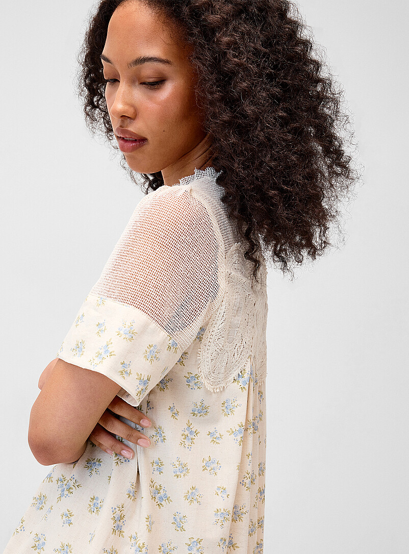 Twik Patterned Blue Mesh and flowers babydoll dress for women