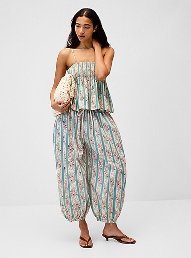 Twik Teal Floral poplin barrel-leg pant for women