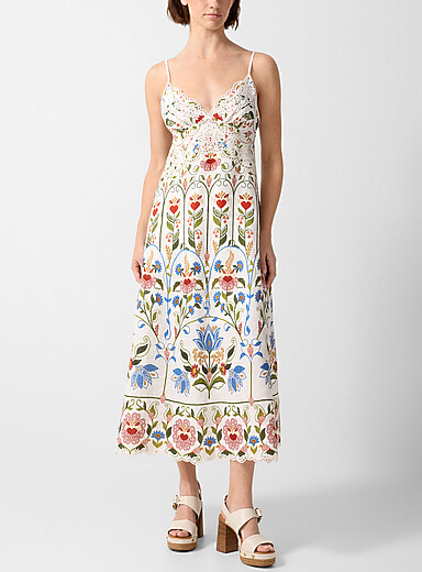 Farm Rio Patterned White Floral symmetry and embroidery midi dress for women