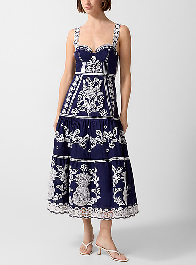 Farm Rio: La robe midi broderies Richelieu exotiques Bleu &agrave; motifs pour femme