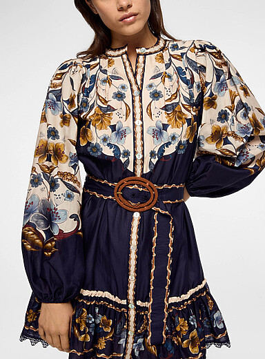 Farm Rio Flower - Blue Golden Nature belted mini-dress for women