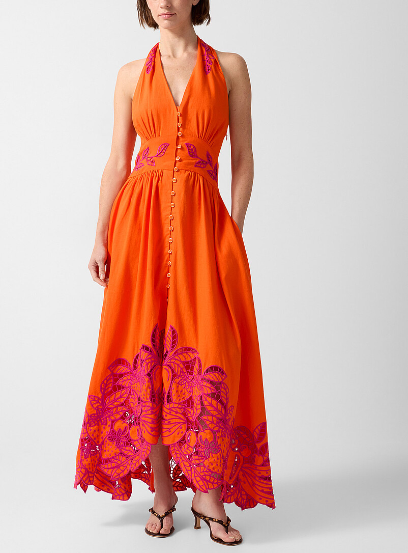 Fruity Richelieu Embroidery Maxi Halter Dress
