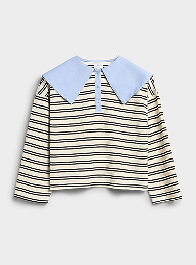 Twik Patterned White Peter Pan collar striped polo shirt for women
