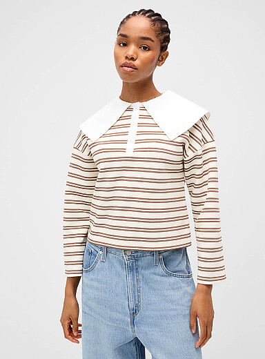 Twik Brown Peter Pan collar striped polo shirt for women