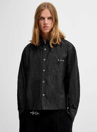 Studded cropped denim shirt <b>Boxy fit</b> <b>Imported from Seoul</b>