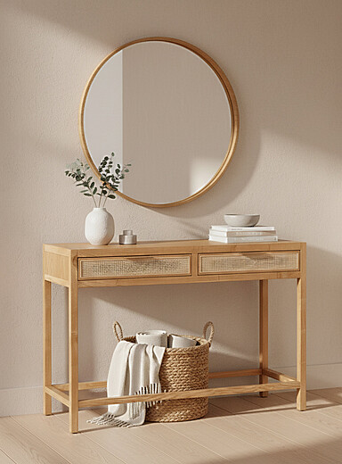 La console en bois tiroirs rotin