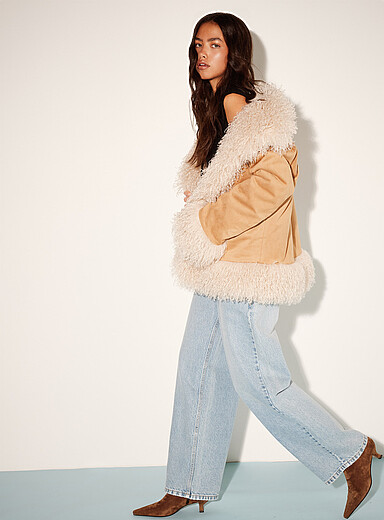 Curly faux-fur faux-suede reversible jacket