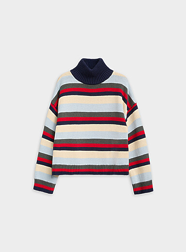 Colourful stripe mock-neck loose sweater