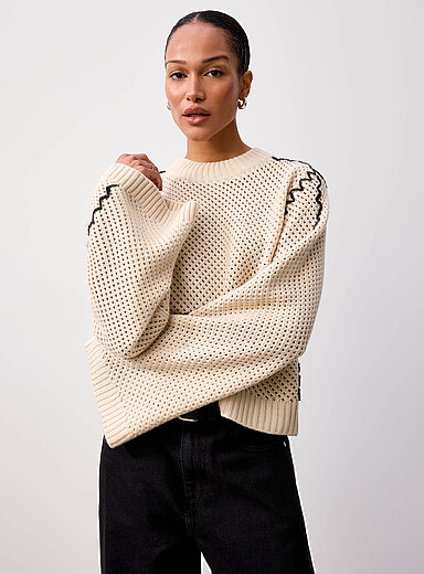 2NDDAY Ivory/Cream Beige Contrasting stitching openwork sweater for women