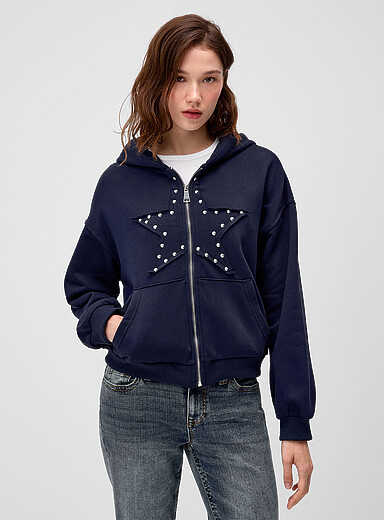Twik Navy/Midnight Blue Studded star zip-up hoodie for women